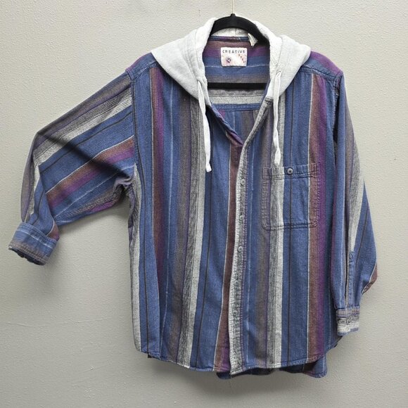 Vintage Creative Edge Shirt Mens Large Hooded Button Down Striped Cotton 90s - Picture 1 of 8